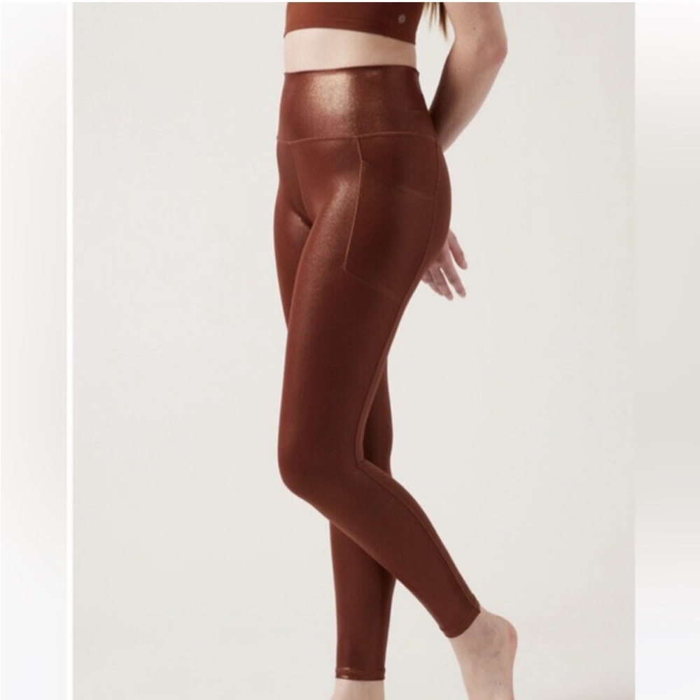 NWT Athleta Salutation Stash Shine Leggings M T Bronze Metallic Brown